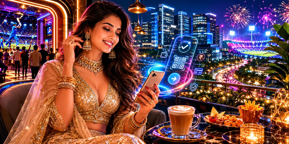 India mobile payment with traditional lehenga dress