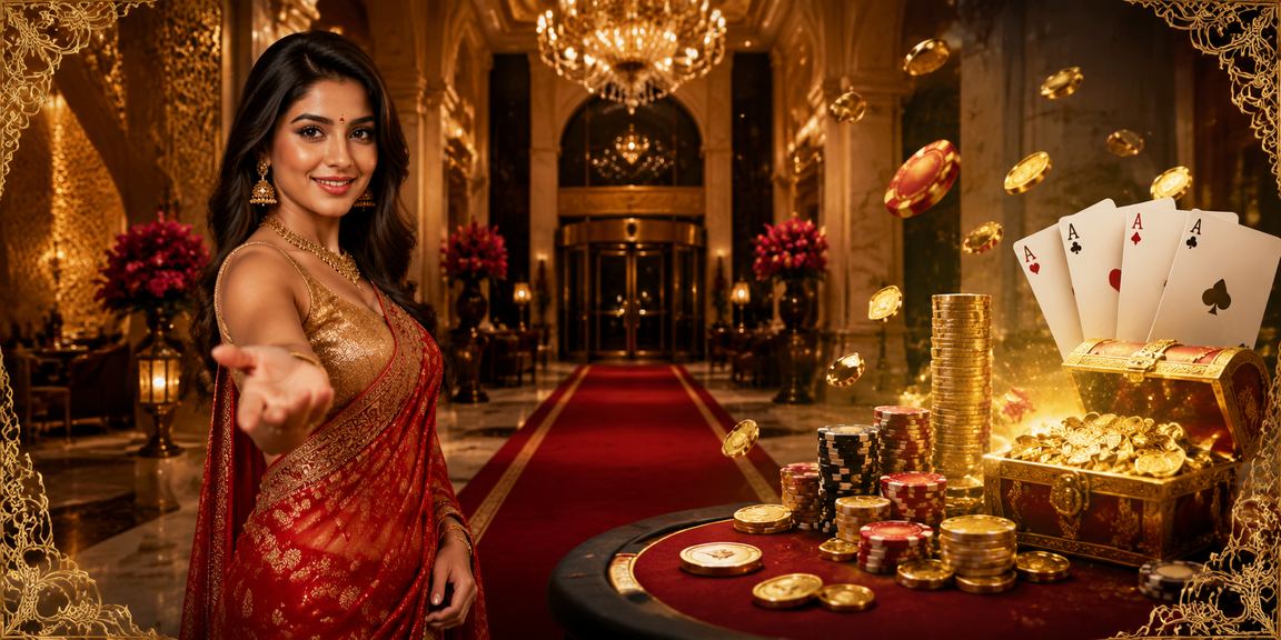 Indian female playing poker game with traditional saree